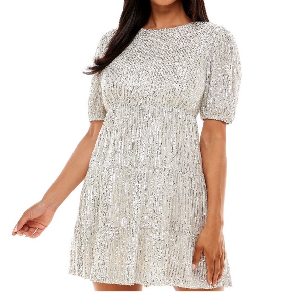 Xtraordinary Champagne Silver Sequined Tiered Mini Dress Size M - Picture 1 of 9